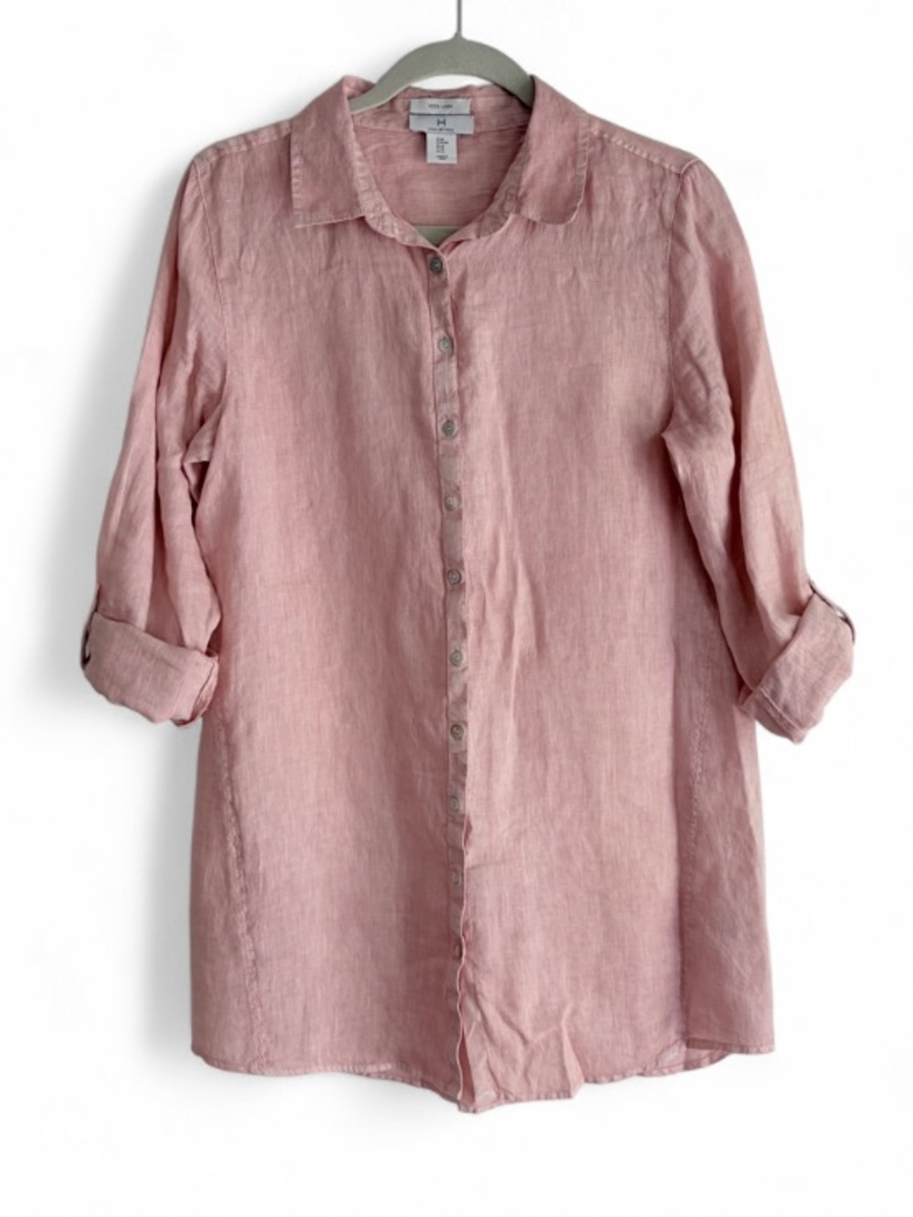 Halston Women's 100% Linen Light Pink Button Down Tunic Blouse Size M